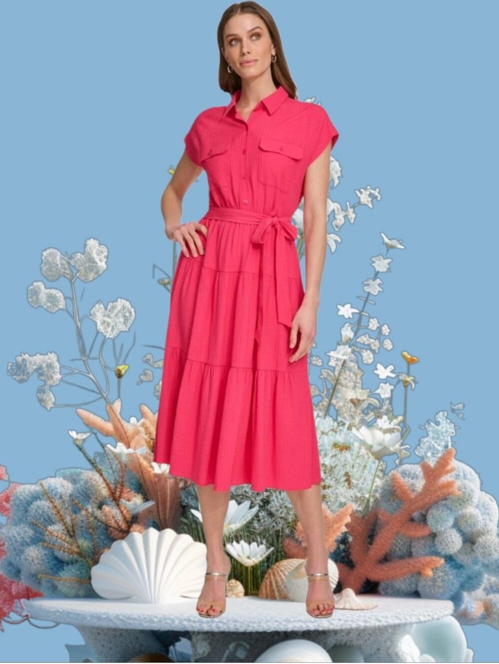 US10🌸DKNY Bright Pink Textured Shirt Dress with Tie Waist